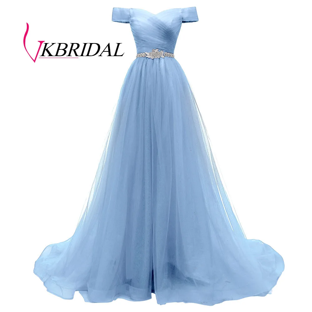 Синий VKBRIDAL, Красное длинное вечернее платье с открытыми плечами и поясом, расшитое бисером, винтажные платья для выпускного вечера, vestido de festa, недорогое вечернее платье со шнуровкой на спине - Цвет: Синий