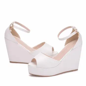 

Size 33-44 Wedges Women Sandals Open Toe White suede High Heel Pumps Hot Black Flock Ankle Strap Wedges Lady Platform Shoes