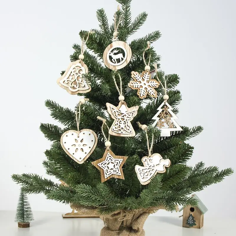 

New Year Party Christmas Tree Decoration Laser Cut Wooden Crafts Angel Deer Snowflake Christmas Hanging Ornaments 2pcs/set FZ263