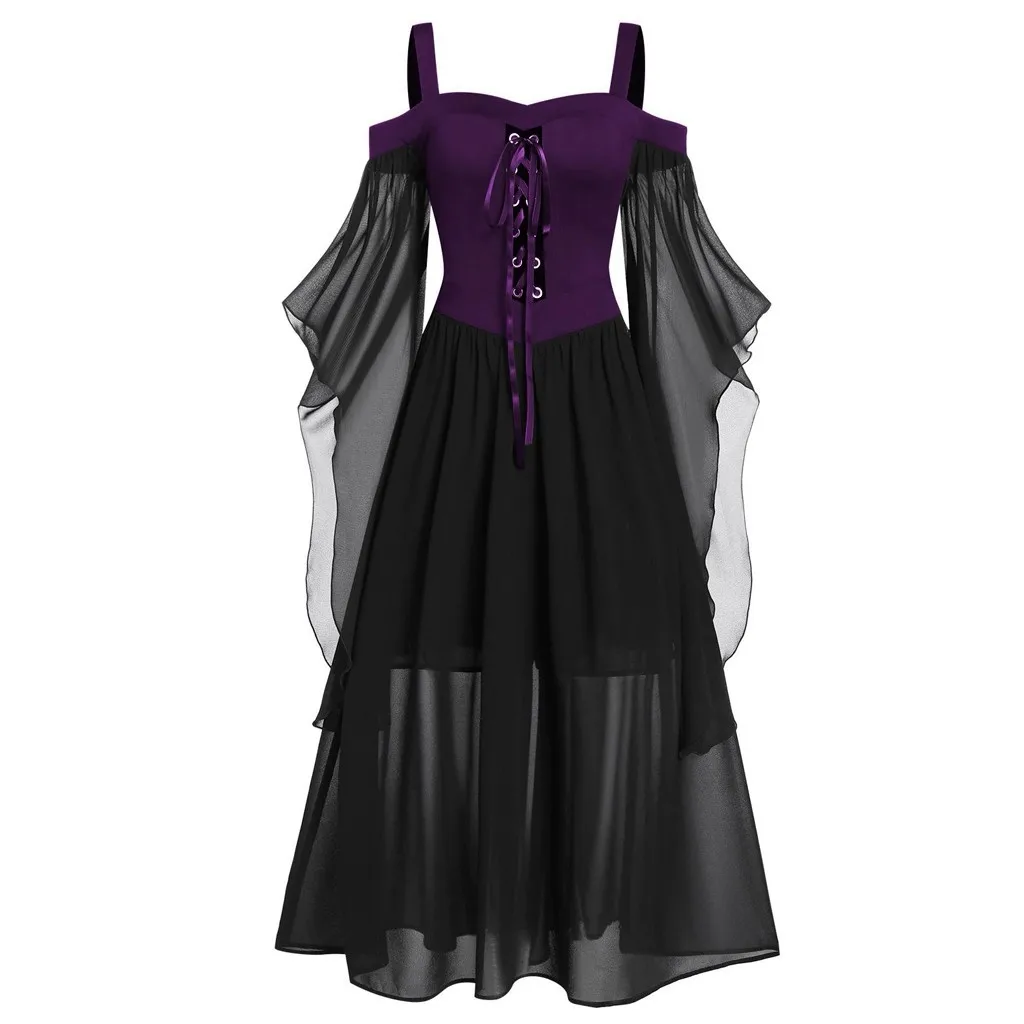 JAYCOSIN Women Plus Size Cold Shoulder Butterflies Sleeve Lace Up Gothic Style Halloween Dress Women Casual Dresses For Ladies