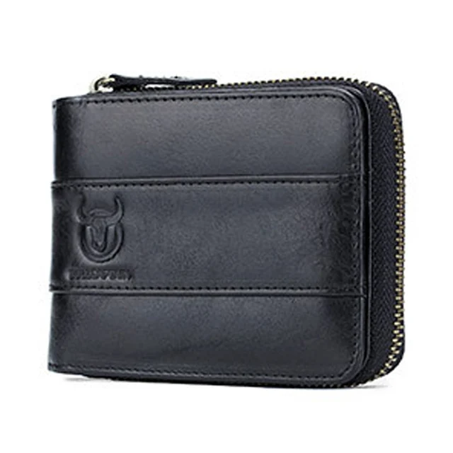 Genuine Leather Men's Wallets Small Coin Pocket Purse Retro Zipper Wallet Cowhide Leather Card Holder Pocket Purse Men Wallets black