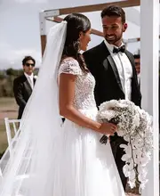 

Fivsole A Line Floor Length Tulle Wedding Dress 2021 V Neck Sparkly Beaded Sequins Bridal Gowns With Appliques Vestido De Noiva