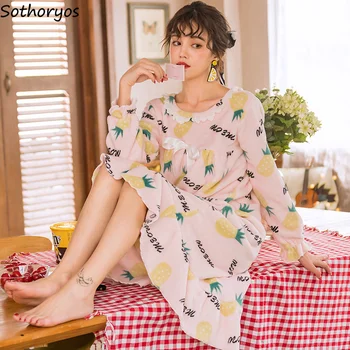 

Nightgowns Women Round Neck Printed Kawaii Mid-long Sweet Womens Sleepwear Coral Velvet Soft Loose High Quality Fashion Harajuku