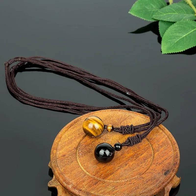Tiger Eye Stone Lucky Pendant Necklaces For Women Rope Chain Round Obsidian Retro - Image 4
