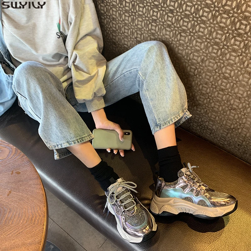 

SWYIVY PU Casual Shoes Women Sneakers Platform Mixed Color Spring 2020 New Chunky Sneakers For Women Mesh Breathable Ladies Shoe