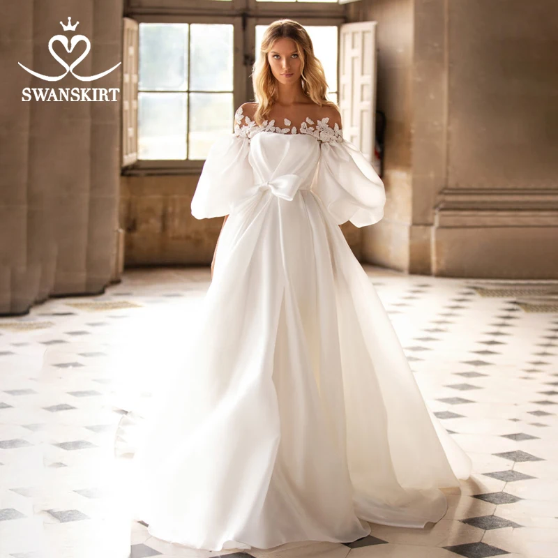 

SWANSKIRT Vintage Satin Wedding Dress 2 In 1 Strapless A-Line Illusion Princess Vestido de novia I318 Customized Bridal Gown