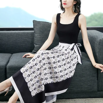 

2020 Summer Korea Print Two Piece Set Knit Irregular Maxi Skirt Set Sleeveless Tops Elegant Women Outfits Office 2 Piece Sets