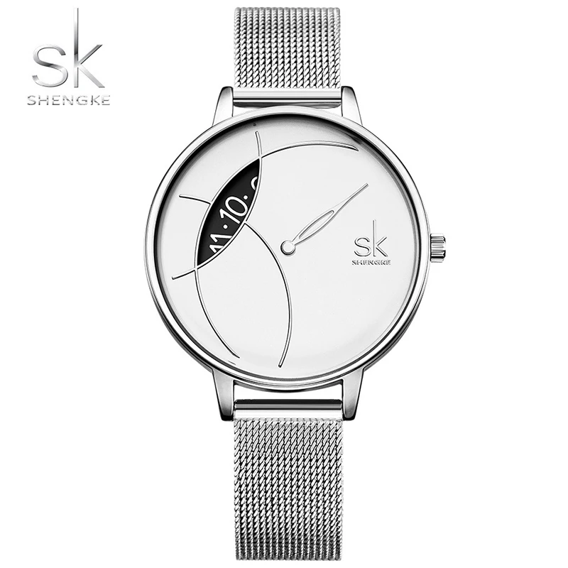 

SHENGKE Women Fashion Simple Quartz Watches Ladies Waterproof Digital Stainless Steel Mesh Strap Wristwatch SK91