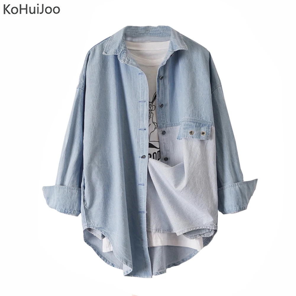 KoHuiJoo, женская джинсовая рубашка, плюс размер, в полоску, из кусков, свободная Джинсовая блузка, весна, длинный рукав, Pokets, длинная рубашка для женщин