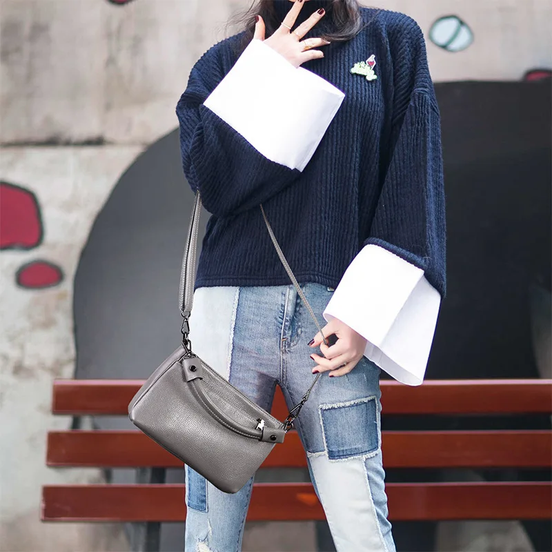 

Genuine Leather Shoulder Bag Women's 2019 New Style Fashion Versitile Fashion Multilayer Multi-Zipper Shoulder Bag Women's Simpl