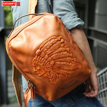 

Handmade Retro Men Backpack Large Capacity Male Genuine Leather 14 Inch Retro Laptop Shoulder Bags First Layer Cowhide Original