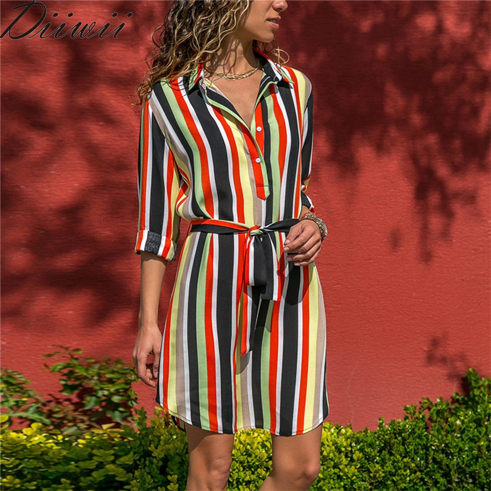 

Diiwii 2020 Summer Women Long Sleeve Shirt Boho Beach DressesCasual Striped Print A-Line Mini Party