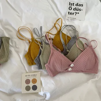 

Ultra-thin bra button triangle soft cup bralette panties set solid color thin comfortable underwear wirefree cotton lingerie