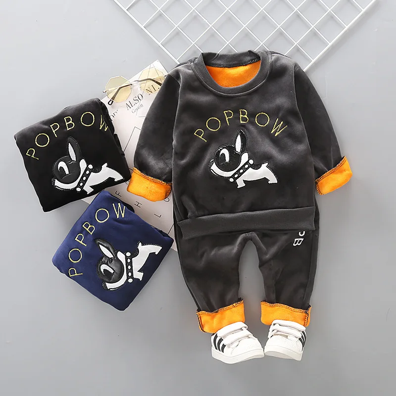 

2019 Winter BOY'S round Neck Fleece Lined Long-sleeved Sweater Casual Solid Color Cartoon Puppy Children Set Two-Piece Set