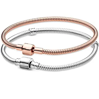 

Rose & Silver Moments Barrel Clasp Snake Chain Bracelet Bangle Fit Europe Bracelet 925 Sterling Silver Bead Charm DIY Jewelry