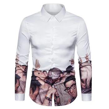 

Men Full Sleeve Casual Shirt Men Fashion Figure Print Slim Fit Shirt Men White Shirt