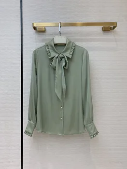 

Luxury Pearls Button Bow Silk Blouse 2020 Early Autumn Women Elegant Intellectual Ruffles Stitching Lace-up Long Sleeves Blouses