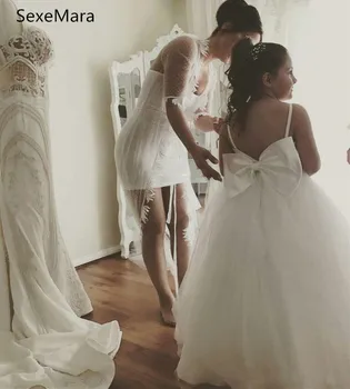 

Ivory White Flower Girl Dresses for Weddings Jewel Neck Modest Birthday Party Gown Communion Dress with Bow