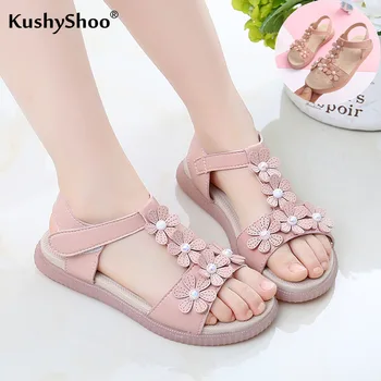 

KushyShoo Girls Sandals Summer 2020 Children Soft Little Girl Princess Shoes Toddler Girl Sandals Solid Flowers PU Kids Shoes