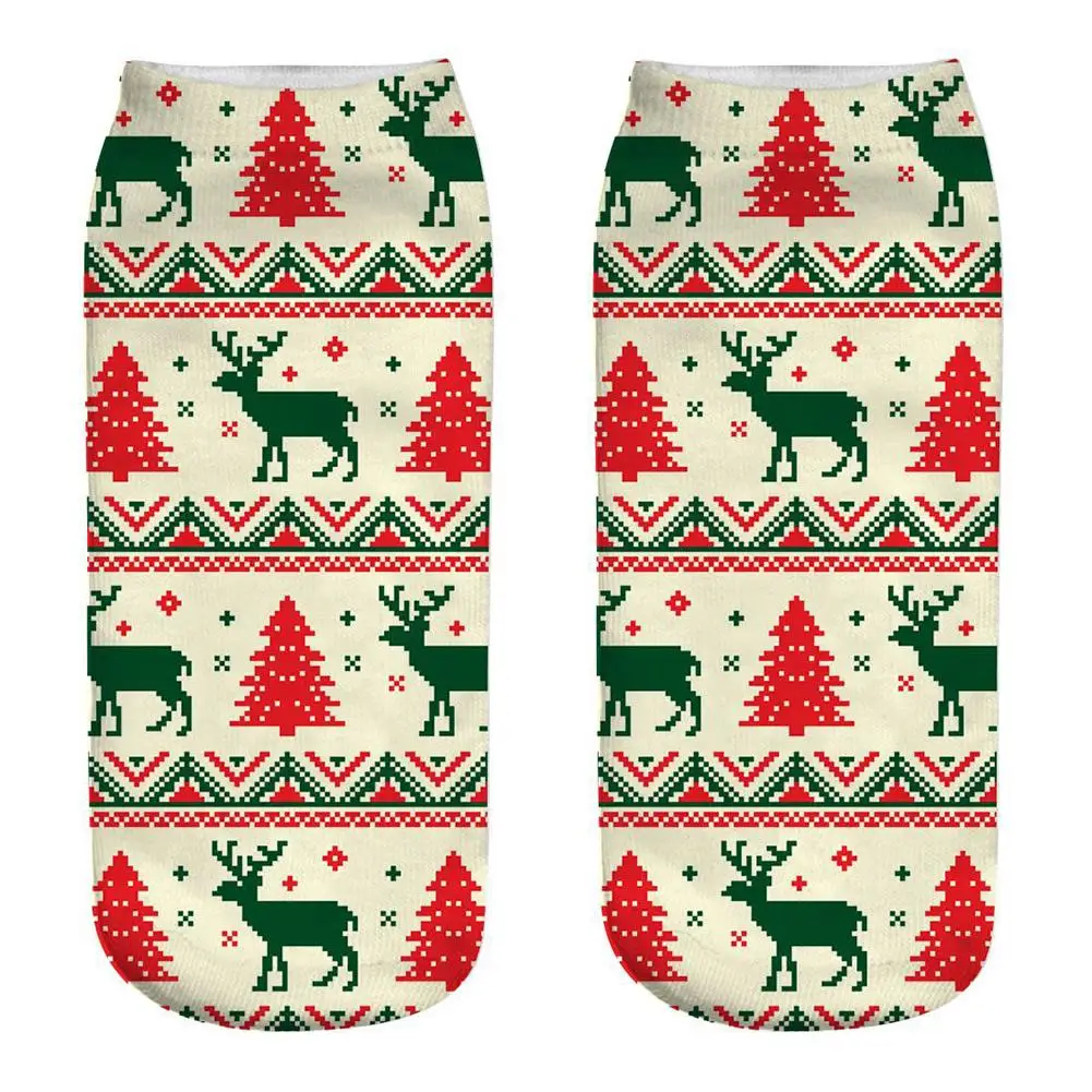 Зимние хлопковые прямые рождественские носки для мужчин и женщин, короткие носки с объемным рисунком оленя, Санта Клауса, снежинки, чулочно-носочные изделия, подарок