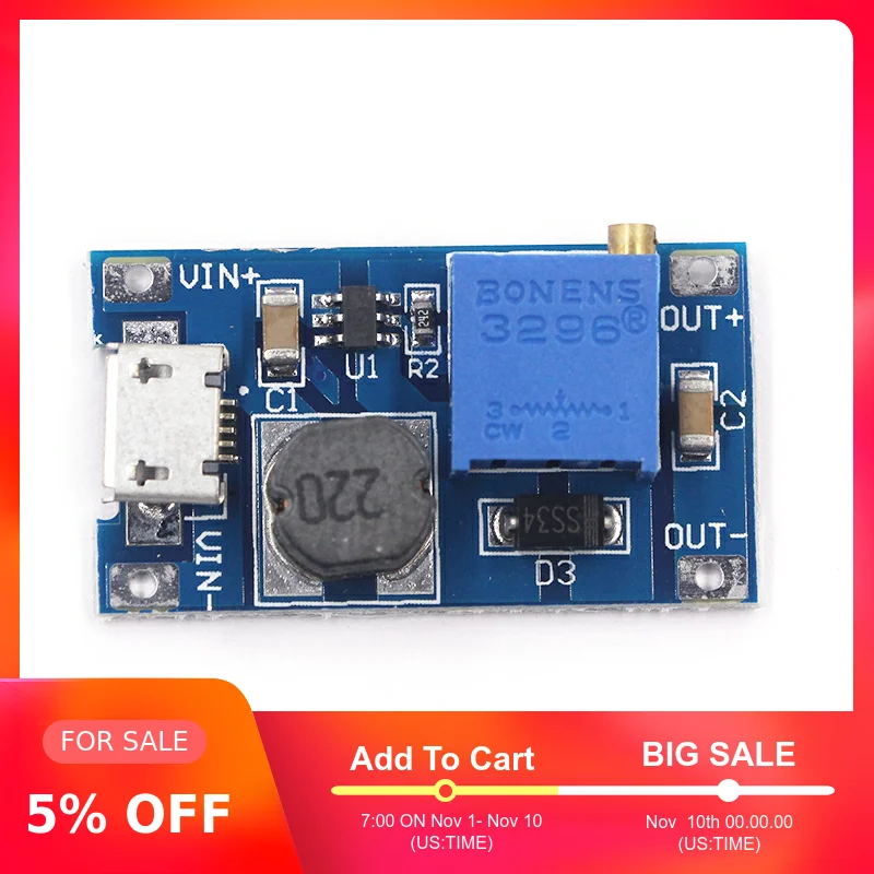 MT3608 DC регулируемый Повышающий Модуль 2A повышение пластина Step Up с MICRO USB 2 V 24 5V 9V 12V