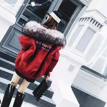 

Heavy wool collar winter new padded hip hop couple cotton-padded red cotton-padded jacket over size coat female