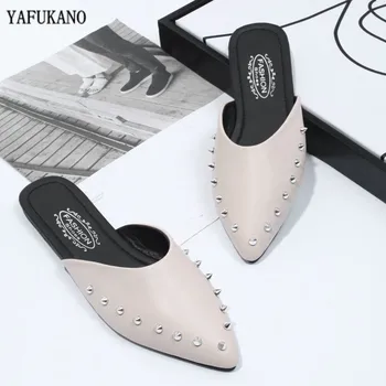 

Women Slippers Summer Flat Heel Slippers Pointed Toe Fashion Rivet Slip Into Slides Lady Party Office Shoe zapatos mujer