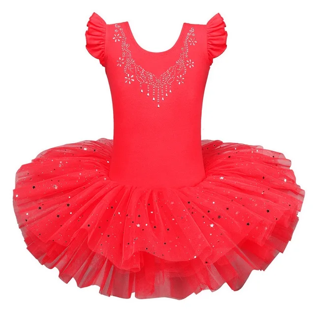 BAOHULU Girls Ballet Tutu Tulle Dress Sleeveless Gymnastics Leotard Diamond Pink Bow Pattern Ballet Leotard For Girl Ballerina B184 Red