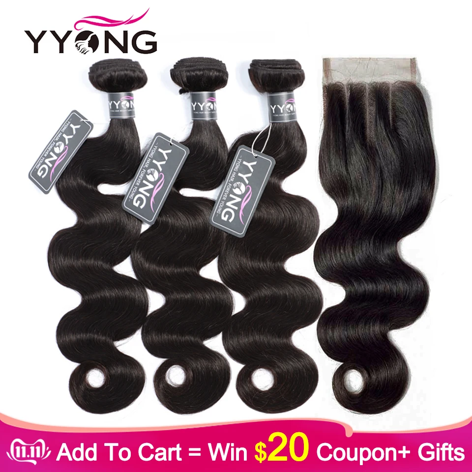 Online Yyong Haar 3 Bundles Brazilian Körper Welle Bundles Mit Verschluss Remy 4 teile los Menschliches Haar Weave Bundles Mit Spitze Verschluss