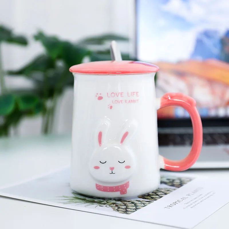 Korean style creative Korean cartoon bunny ceramic cup with lid with spoon student cup office mug children's room decoration - Цвет: C