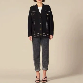 

Women Jacket Women Loose Cardigan Coat Double Pocket Single Breasted Jacket Cute Sweet Casual Long Knitted Cardigan Black Top