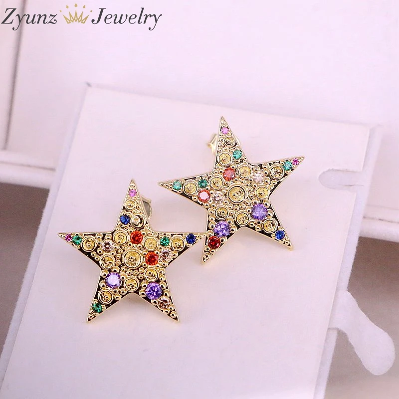 

5Pairs, Rainbow CZ Micro Pave Charm Star Stud Earring Fashion Jewelry Rainbow Golden Cubic Zirconia Studs
