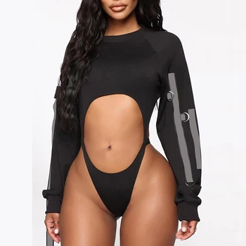 

Hollow Out Bodycon Bodysuit Black Green Long Sleeve Ribbon Reflective Sexy Thong Rompers Womens Jumpsuit Kombinezony For Women