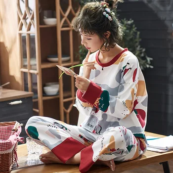 

Feier Pajamas Set Women Cotton Long Sleeve T-shirt Pants Set Pijamas Female Spring Autumn Sleepwear Nightgown Pijama Femme M-4XL
