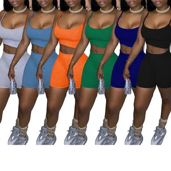 

Women Crop Tank Top High Waist Clothes Sets, Sleeveless Spaghetti Straps Camisole + Tight High Waist Short Pants