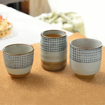 

Creative Retro Japanese Style Ceramic Soup Cup Coarse Pottery Hand Painted Lattice Pattern Teacup Coffee Cup Wine Cups Drinkware