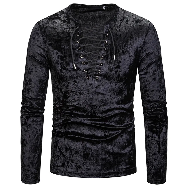 

2019 Versatile Cool New Style Men Flannel Loose-Fit Chest Lace up Front Solid Color V-neck Versatile Long-sleeved T-shirt