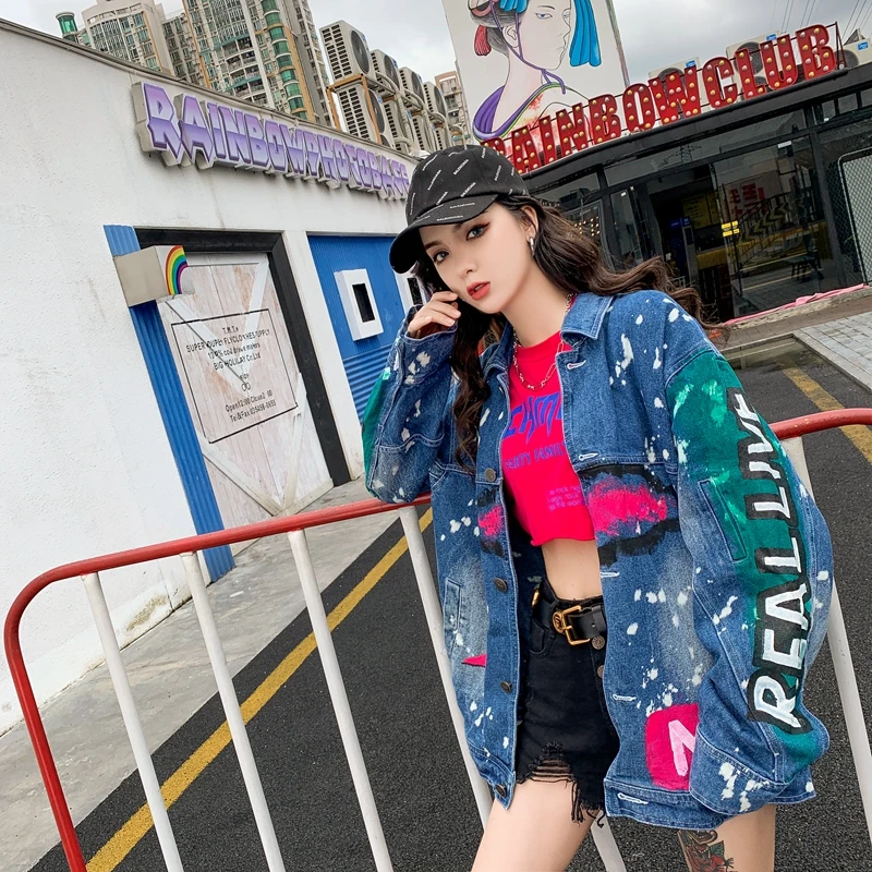 high quality fashion korea jacket denim coat women outwear long sleeve loose graffiti cartoon print jeans cowboy coat in winter
