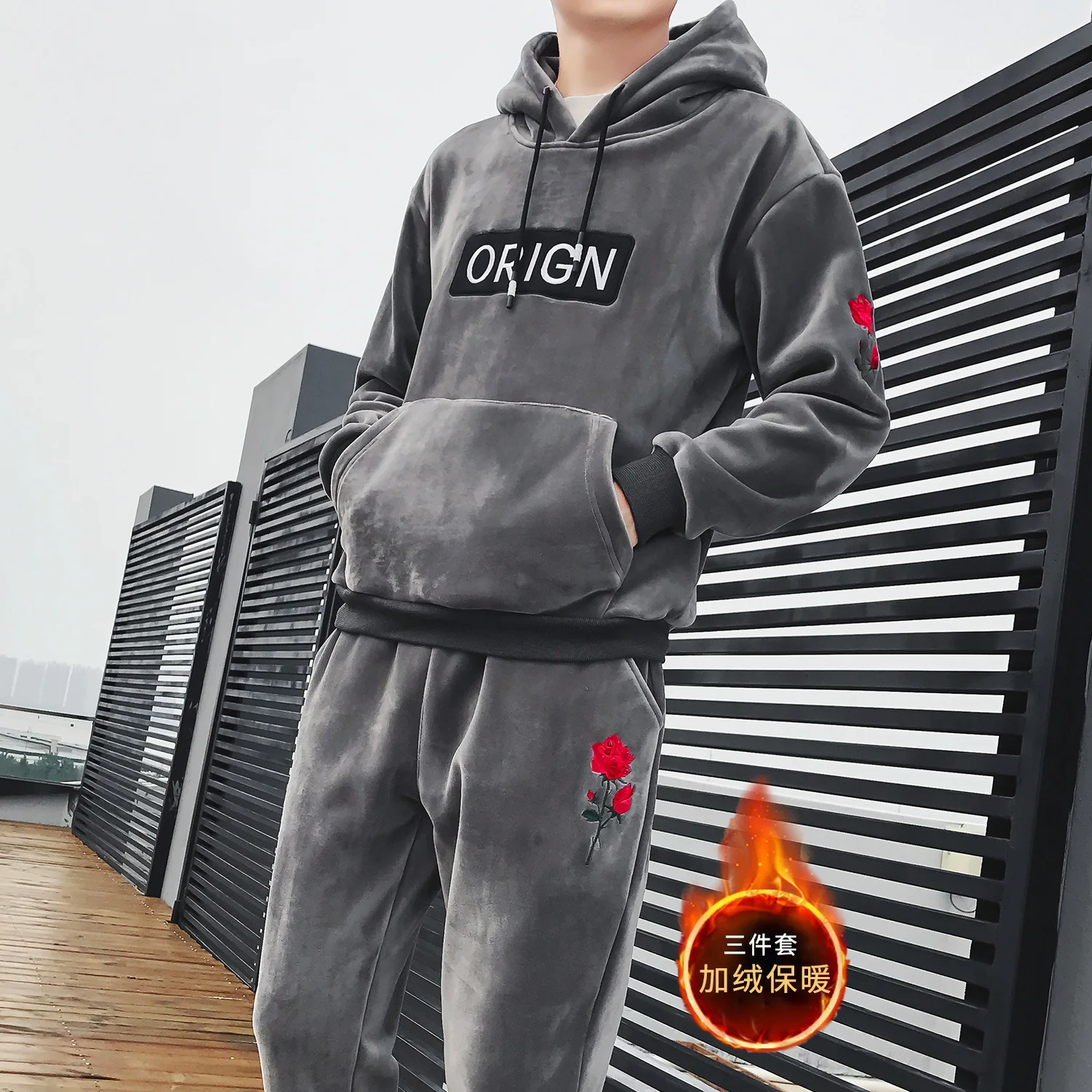 

2018 Autumn And Winter Hoodie Suit Men Teenager Versatile Two-color Casual Sports Three-piece Set Mink plus Velvet Trend