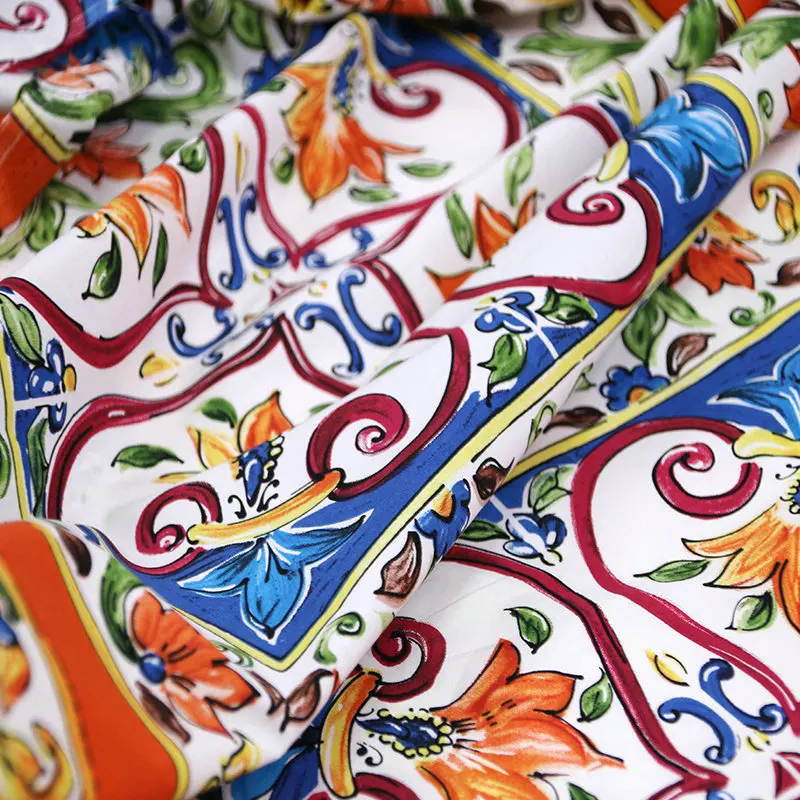 Синяя прямоугольная ткань с принтом majolica 100% хлопчатобумажная Поплиновая для