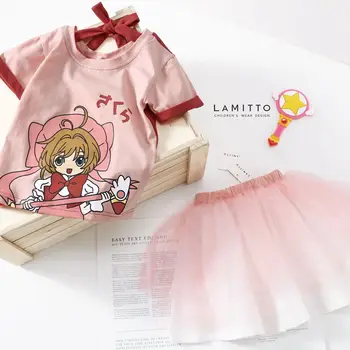 

Summer children's clothing ins pink girls skirt sweet magic card girl Sakura cartoon T-shirt skirt clothing fashion suit