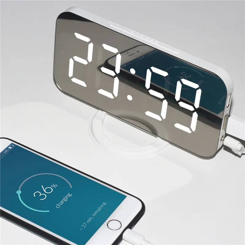 Цифровой светодиодный Будильник, зеркальные часы, Повтор времени, светодиодный ночной стол, 2 usb-порта для зарядки iphone Androd Phone