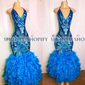 

Long Prom Dresses 2020 Sexy Mermaid See Through Sequin Feather Blue African Black Girls Women Prom Gala Party Gowns
