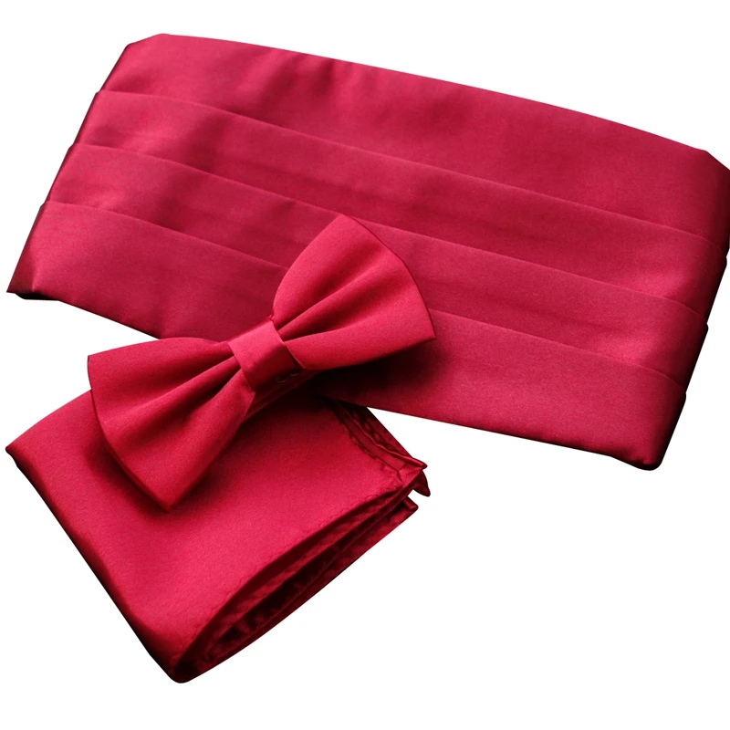 Ikepeibao Mens Formal Wide Solid Red Classic Pre-tied Bow Tie Pocket Square Cummerbund Belt Ceremonial Belt Elastic Set mens belt