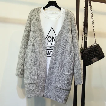 

Autumn and winter new Korean long knit cardigan female thickened retro loose pocket women sweater 7551