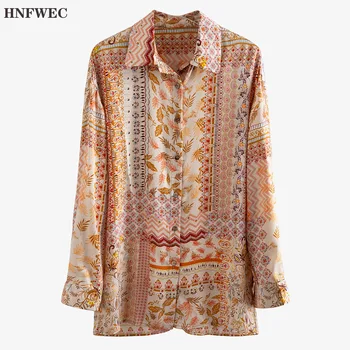 

2020 turn-down collar full sleeves printed single breasted mid length shirt female blouse WM69603L big size U892