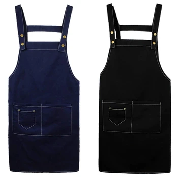 

2Pcs Solid Color Canvas Work Catering Apron with Three Pockets Adjustable Shoulder Strap and Belt - Black & Blue