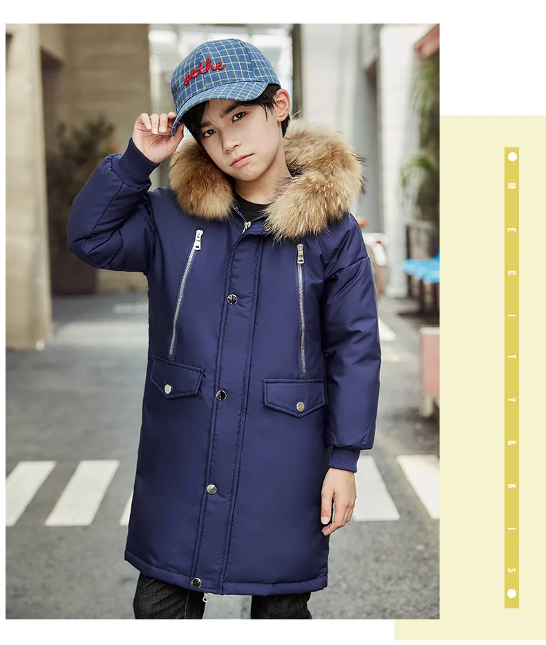 2019 г. Зимние Детские Длинные пуховики теплая верхняя одежда в Корейском стиле для больших мальчиков 6, 8, 10, 12, 14, 16 лет, парка, пальто Clj351