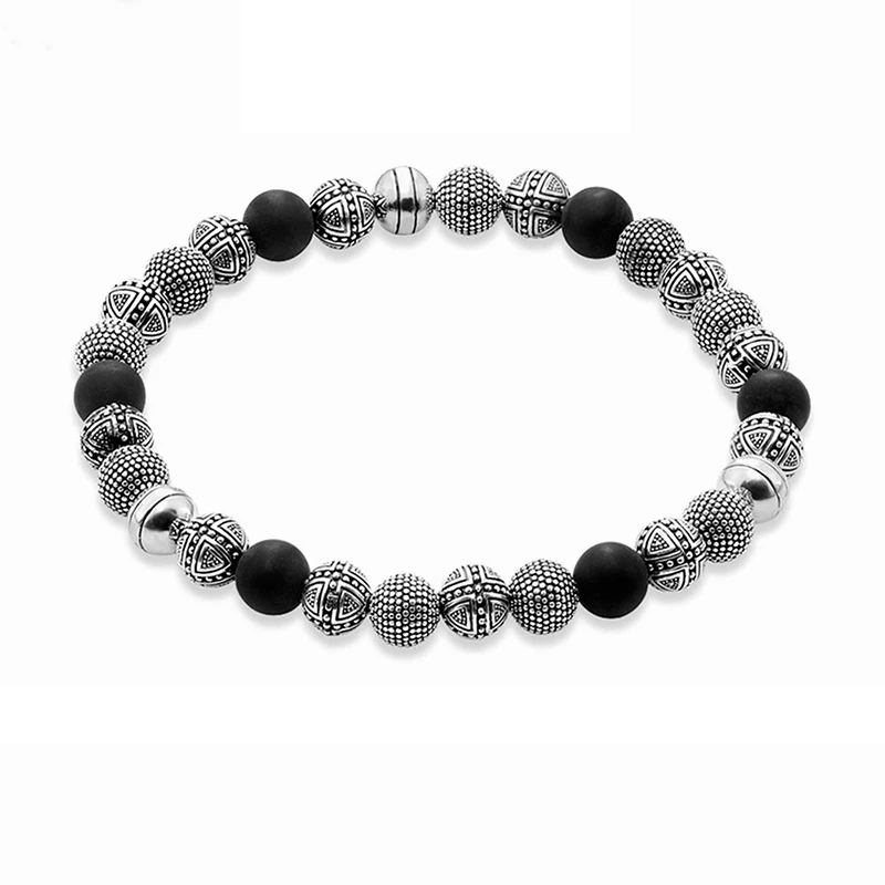 

8MM Cross Beads Bracelets Black Natural Obsidian Strand Bracelet 925 Sterling Silver Bangle Women Men Jewelry Good Luck Gifts