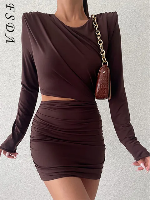 Hollow Out Bodycon Dress Mini Women Brown Autumn Winter Sexy O Neck Long Sleeve Elegant Party Dresses Black Club 2